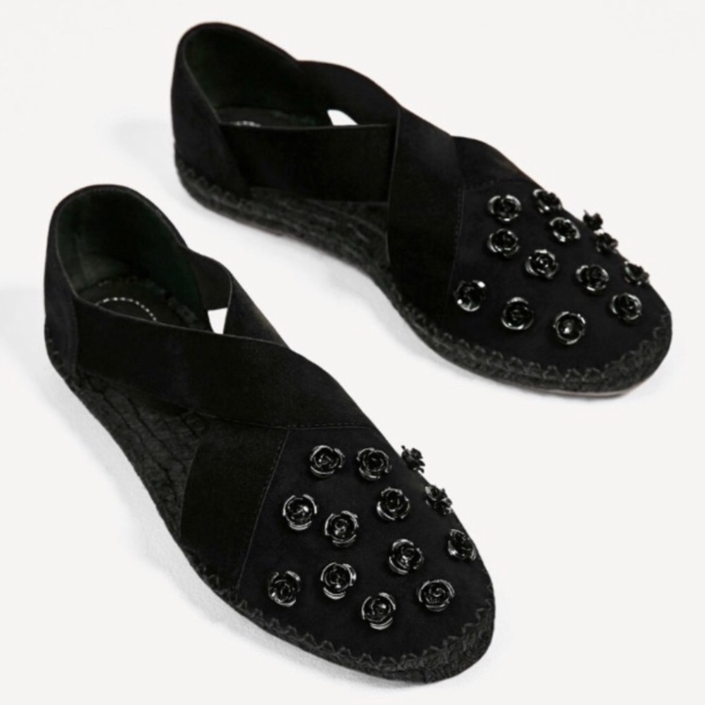 Black Floral Leather Suede Espadrilles New Flats